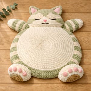 May include: A handmade crochet cat-shaped rug in cream, green, and brown. The rug features a circular body with a spiral pattern, striped arms and legs, and a cat face with closed eyes. The paws have pink pads. The rug measures approximately 76 cm in diameter.