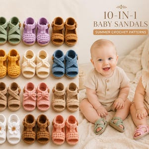 May include: A collection of 10-in-1 baby sandals featuring various summer crochet patterns in multiple colors including white, green, purple, brown, yellow, blue, pink, and orange. The image displays pairs of handmade footwear with buttons.