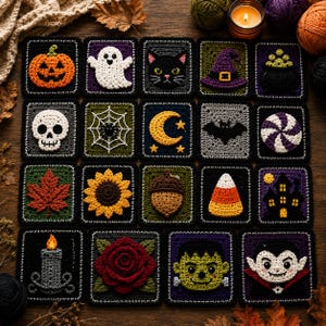 May include: A collection of sixteen square crochet patches featuring various Halloween and autumn motifs including a pumpkin, ghost, black cat, witch hat, cauldron, skull, spider web, moon, bat, candy, leaf, sunflower, acorn, candy corn, house, candle, rose, monster, and vampire.