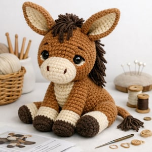 May include: A crocheted donkey toy in brown, cream, and dark brown. The donkey has large eyes, a cream muzzle, and a dark brown mane and tail. It is sitting with its legs outstretched. Craft supplies are in the background, including a basket and spools.