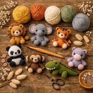 Könnte beinhalten: Eine Sammlung handgefertigter Häkeltier-Spielzeuge, darunter ein Löwe, ein Elefant, ein Tiger, ein Panda, ein Affe, ein Krokodil und ein Nilpferd. Die Spielzeuge sind in verschiedenen Farben gehalten und liegen auf einer Holzoberfläche mit Wollknäueln und Bastelzubehör.