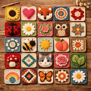 May include: A collection of colorful, crocheted squares arranged on a wooden surface. Each square features a different design, including a sunflower, heart, fox, ladybug, daisy, bee, mushroom, cat, rainbow, and butterfly. The squares are in various colors, including red, yellow, blue, and green.