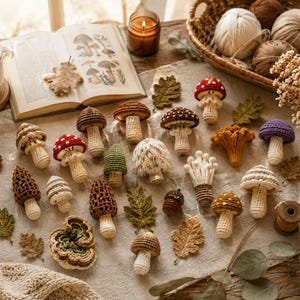 Peut inclure: Une collection de divers champignons au crochet de formes, tailles et couleurs variées, incluant du rouge, marron, blanc, vert et violet, disposés sur une surface en tissu clair avec plusieurs petites feuilles au crochet.