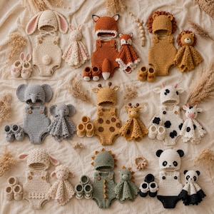 Può includere: Una collezione di set per neonati all'uncinetto con temi animali, tra cui coniglio, volpe, leone, elefante, giraffa, mucca, pecora, dinosauro e panda. Ogni set comprende un cappellino, una tutina, un paio di scarpine e una copertina di sicurezza.