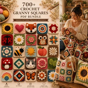 Könnte beinhalten: Ein digitales PDF-Paket mit dem Titel 700+ Crochet Granny Squares, das ein Raster aus verschiedenen gehäkelten quadratischen Motiven wie Blumen, Tieren, Früchten und geometrischen Formen sowie eine Person beim Häkeln einer Decke zeigt.