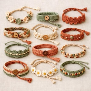 12-in-1 Crochet Bracelet Pattern Bundle, DIY Crochet Jewelry Tutorial, Beginner Friendly Cuff Pattern, Braided Daisy Flower Bracelet PDF