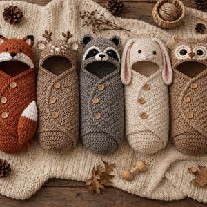 May include: A collection of seven crochet baby swaddles featuring animal designs including a bear, fox, deer, raccoon, rabbit, owl, and hedgehog. Each swaddle is crafted with textured yarn, features a hood with animal ears or features, and secures with three wooden buttons down the front.