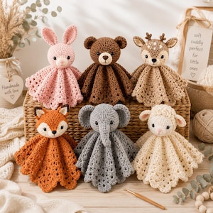 May include: Six crocheted animal lovey blankets featuring a pink rabbit, brown bear, spotted fawn, orange fox, gray elephant, and cream lamb. Each plush toy has a textured, scalloped-edge blanket body with a detailed animal head and face.