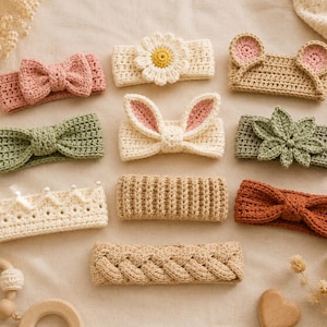 May include: A collection of ten crocheted headbands in various colours and designs, including a pink bow, a white daisy, tan mouse ears, a green knot, white bunny ears, a green leaf, a white crown with pearls, a tan ribbed band, a rust bow, and a braided tan band.