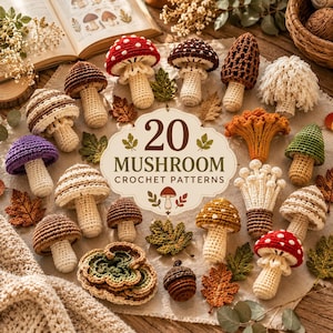 Può includere: Una collezione di venti funghi all'uncinetto di varie forme, dimensioni e colori, tra cui rosso, marrone, viola, verde e arancione, disposti attorno a un cartello centrale che recita 20 MUSHROOM CROCHET PATTERNS con icone di foglie.