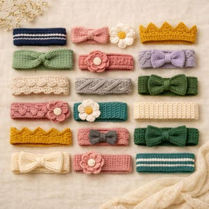 May include: A collection of twenty-one crocheted headbands in various colors and designs, including solid bands, bands with bows, bands with flower appliqués, and crown-shaped bands. The textures include ribbed, braided, and scalloped patterns.