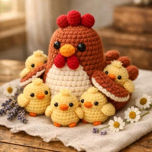 May include: A crocheted hen and chicks set. The hen is brown with a red comb and wattle, and a white breast. The chicks are yellow with orange beaks and feet. The set is arranged on a linen cloth with daisies and lavender.