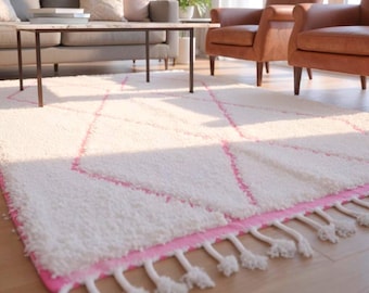 BENI OURAIN RUG, White & Pink Moroccan Rug, Custom Morrocan Rug, Handmade Berber Area Rug