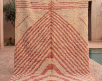 Handmade Beni Ourain Moroccan Shag Rug, Cream Pink Geometric Wool Carpet, Pink Rugs