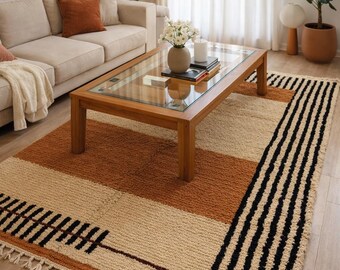 Tappeto marocchino in lana fatto a mano, tappeto berbero marrone crema, stile boho neutro