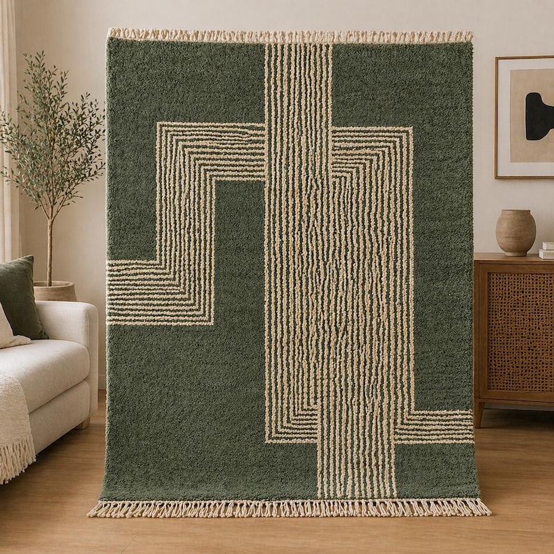 Pu&ograve; includere: Un tappeto verde con un design geometrico. Il tappeto presenta uno sfondo verde scuro con un motivo di linee e forme beige. Ha un bordo con frange ed &egrave; esposto in un soggiorno.