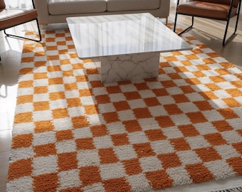 Handgemaakt oranje geruit wollen vloerkleed – Marokkaans berbertapijt