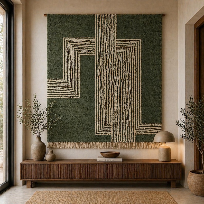 Pu&ograve; includere: Un grande arazzo rettangolare con sfondo verde scuro e un design geometrico beige. Il design presenta linee verticali e orizzontali. L'arazzo &egrave; esposto sopra una consolle in legno. Una lampada e dei vasi sono sul tavolo.
