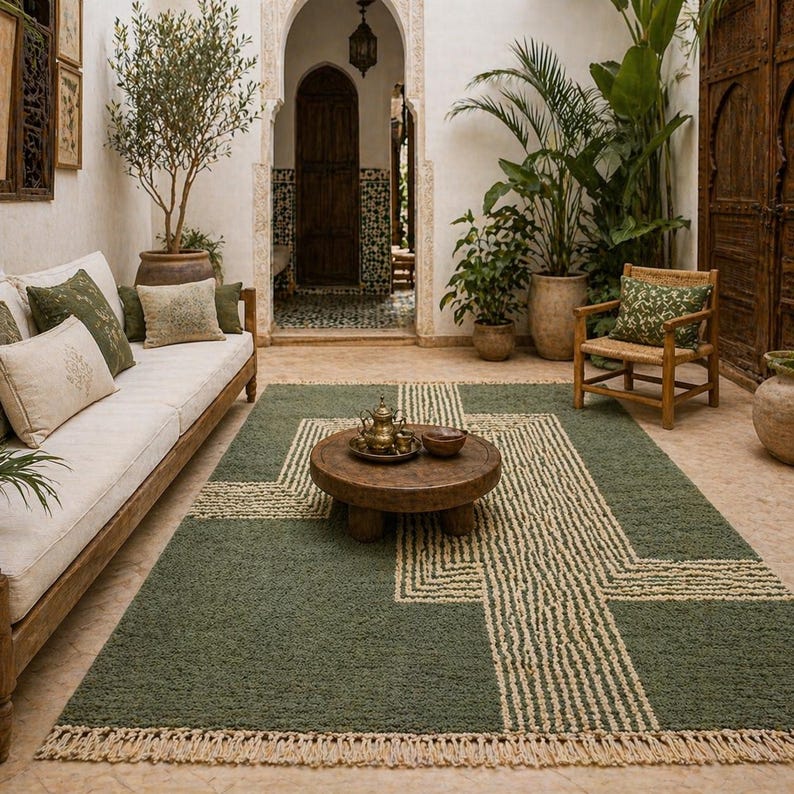 Pu&ograve; includere: Un tappeto verde e beige a motivi geometrici con bordo a frange. Il tappeto si trova in una stanza con un divano in legno, un tavolino rotondo in legno e piante in vaso. La stanza ha un arco e una sedia in legno.