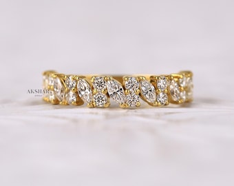 Alianza de bodas con diamantes cultivados en laboratorio, talla marquesa y redonda, anillo apilable de media eternidad en oro de 14 k