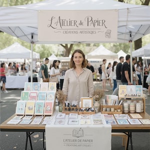 Puede incluir: Una mujer está detrás de una mesa que exhibe grabados artísticos y artículos de papelería en un mercado al aire libre. La mesa está marcada con "L'ATELIER DE PAPIER" y "CRÉATIONS ARTISTIQUES". Se exhiben varias tarjetas y materiales de arte.