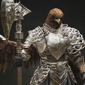 May include: A detailed figurine of a warrior with an eagle's head, clad in ornate silver armor. The figure holds a large axe and has feathered wings. The armor features intricate designs and is set against a dark background. The text "PATREON | TOTENN" is visible.