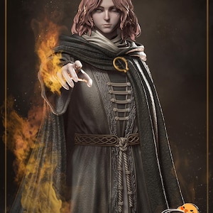 May include: A detailed figure of Melina from Elden Ring, with pink hair and a dark cloak. The figure is holding out a hand with flames, and the image has the text "Melina ELDEN RING" and "nom nom Figures".