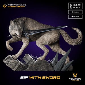 May include: A detailed figurine of a wolf, holding a sword in its mouth, with a dark background. The wolf is light brown and gray, with a detailed texture. The sword is black and silver. The base is a rocky terrain. Text reads "SIF WITH SWORD".