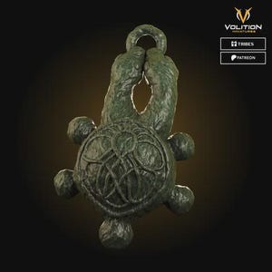May include: A detailed, green-toned pendant with a Celtic knot design. The pendant has a loop at the top and a turtle-like shape with six rounded protrusions. The surface has a textured, weathered appearance, suggesting an antique or fantasy theme.