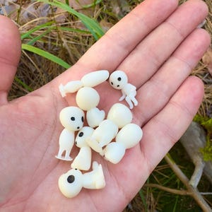 May include: A collection of small, white Kodama figurines with black eyes, held in an open hand. The figurines are in various poses, some standing and others lying down. The background shows dry grass and green foliage.