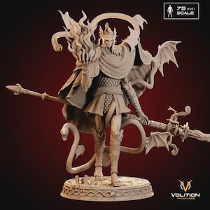 May include: A detailed beige miniature figure of a warrior with a crown, cape, and armor, holding a spear and a weapon with bat-like wings. The figure is surrounded by snakes and flames, standing on a decorative base. The scale is 75 mm.