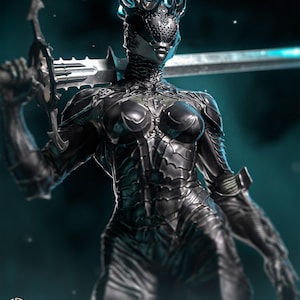 May include: A dark, metallic armored figure wearing a spiked crown and a perforated face mask, holding a large, serrated broadsword across the shoulders. The armor features intricate, sculpted details and a glossy, black finish.