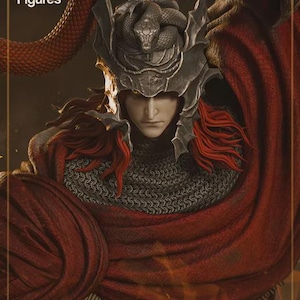 May include: A detailed illustration of a figure wearing ornate armor and a helmet with a snake design. The figure is draped in a red cloak and chainmail. The word "Figures" is visible in the top left corner.