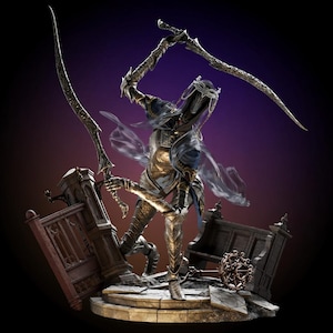 May include: A detailed figurine of a warrior in ornate armor, wielding two curved swords. The figure is posed dynamically, with a flowing cape and a helmet. The base features architectural elements, all set against a gradient purple and black background.