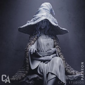 May include: A grayscale sculpture of a seated figure wearing a large, ornate hat and a long dress. The figure has long hair and is draped in a textured cloak. The image has the text "CA" and "CASD STUDIOS" and "PATREON".