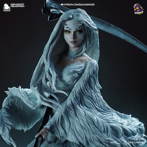 May include: A detailed statue of a woman with long, flowing white hair and green eyes, holding a scythe. The figure is adorned in a feathery, textured gown. The image includes text that reads "HIGH-QUALITY PRE-SUPPORTS" and "PATREON.COM/BULKAMANCER".