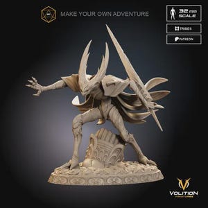 May include: A beige miniature warrior figure with a sword, in a dynamic pose. The figure has large horns and is wearing armour. The text "MAKE YOUR OWN ADVENTURE" is visible. The figure is 32 mm scale.