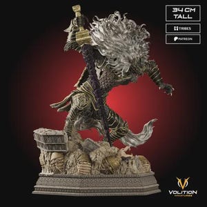 May include: A detailed figurine of a warrior with a wolf-like head, standing 34 cm tall. The figure is clad in ornate armor with gold accents and holds a large sword. The base is a detailed, textured stone. The image includes the text "TRIBES" and "PATREON".