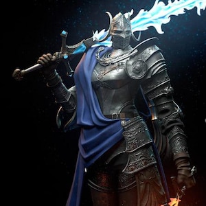 May include: A detailed image of a knight in full armor, holding a glowing blue sword over their shoulder. The armor is silver with intricate designs, and a blue cape drapes over the shoulders. A second sword with flames is held in the other hand.