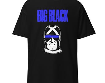 May include: Black t-shirt with the text "BIG BLACK" in blue, above a white and blue graphic of a character's face. The graphic features a helmet with an "X" design and blue visor.