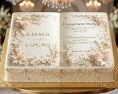 Personalized Engagement Party Edible Cake Topper, "Open Book" Floral Design (Digital File)