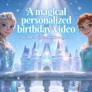 May include: A digital illustration features two animated princesses in front of a castle. The text reads "A magical personalized birthday video." The princesses are wearing blue and purple gowns. Snowflakes fall in the background.