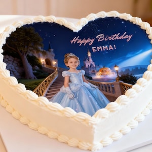 May include: Heart-shaped cake with white frosting and a princess-themed image. The image features a young girl in a blue gown, a castle, and the text "Happy Birthday Emma!" The cake is on a white surface.