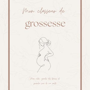Peut inclure: Un journal beige avec une bordure marron et un fond floral. La couverture présente le texte "Mon classeur de grossesse" et un dessin au trait d'une personne enceinte. Le texte "Pour noter, garder des traces et prendre soin de ma santé" est également inclus.