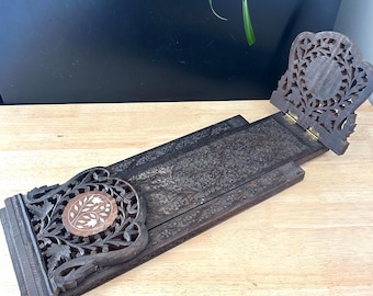 Serre-livres extensible vintage en bois de Sesham sculpté main – Style Anglo-Indien – Marqueterie nacre