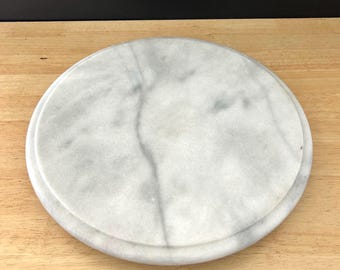 Plateau Tournant en Marbre Blanc et gris Vintage, « Lazy Susan »