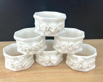 Set of 6 Vintage Porcelain Rose Napkin Rings – Octagonal Relief Design