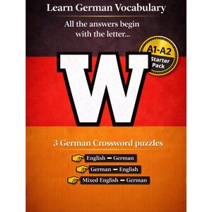 May include: A German language learning aid with the text "Learn German Vocabulary." The design features a large white "W" over a German flag background, with a "Starter Pack" badge and three crossword puzzle options.