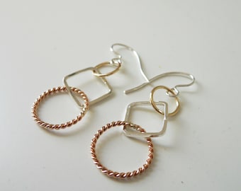 Square Circle Mixed Metal Dangle Earrings