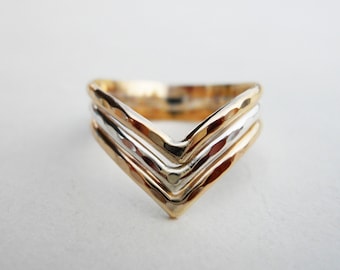 Triple Chevron V Ring Hammered 14k Gold Filled and Sterling Silver